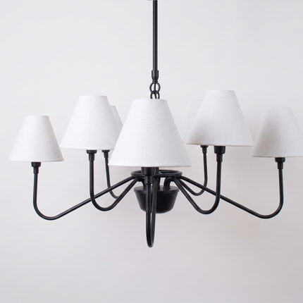 Matte Black Light Chandelier with White Linen Shades | Modern Ceiling Hanging Light Fixture for Dining Room & Kitchen Island