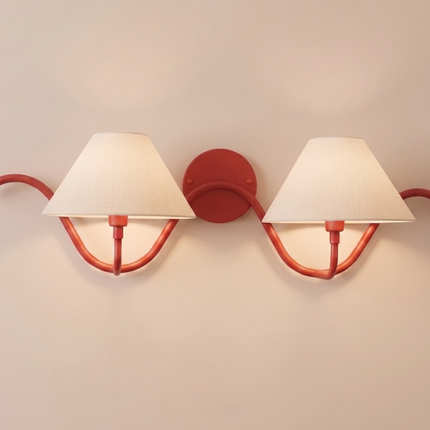 Red Wall Sconce, 2 Light Wall Lamp, Modern Red Lighting Fixture, White Fabric Shade, Curved Wall Light, Artistic Bedroom Hallway Home Décor
