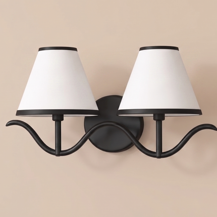 Modern Matte Black Wall Sconce Curved Arm Double ,Wall Lamp with White Shades, Bedside Reading Light, Living Room and Entryway Decor Design