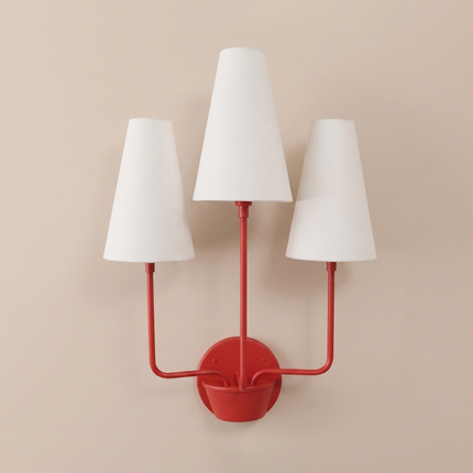 Red 3 Light Wall Sconce Triple Arm Wall Lamp, White Fabric Shade Lighting, Modern Red Wall Light, Statement Sconce, Dining Room Decor design