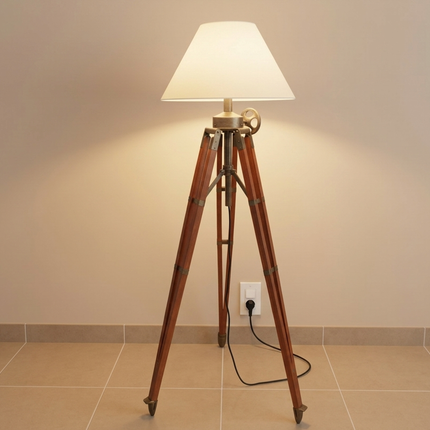Floor Lamp Vintage Tripod, Industrial Wooden Standing Lamp with White Fabric Shade, Nautical Living Room, Entryway, Bedroom Lighting Decor