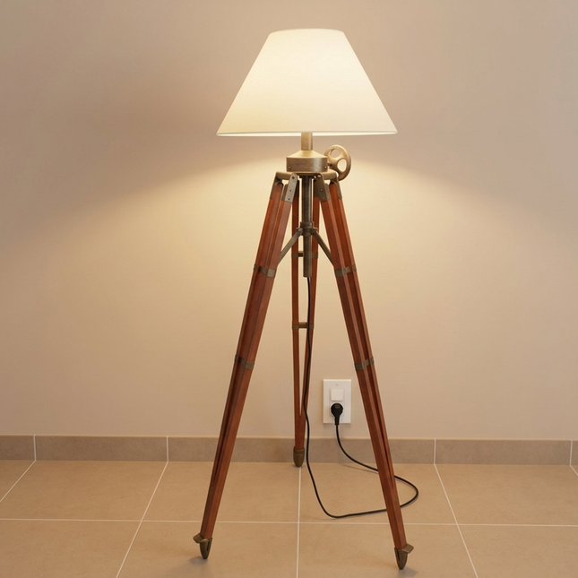 Floor Lamp Vintage Tripod, Industrial Wooden Standing Lamp with White Fabric Shade, Nautical Living Room, Entryway, Bedroom Lighting Decor