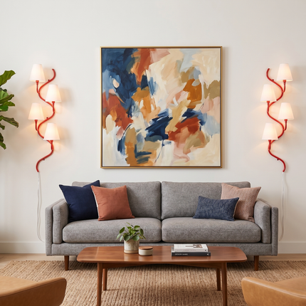Modern Red Vertical 4-Light Wall Sconce, Curved Contemporary Wall Lamp with White Shades, Luxury Staircase Hallway Lighting Fixture