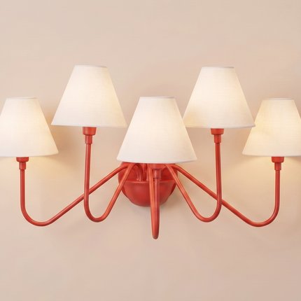 Red 5 Light Wall Sconce, Modern Colorful Wall Lamp with White Shades, Statement Wall Lighting, Contemporary Bedroom and Living Room Light