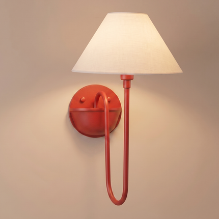 Wall Sconce in Coral Red Fabric Shade Wall Sconce, Modern Wall Light, Contemporary Bedroom Lamp, Scandinavian Wall Lighting, Minimalist Lamp