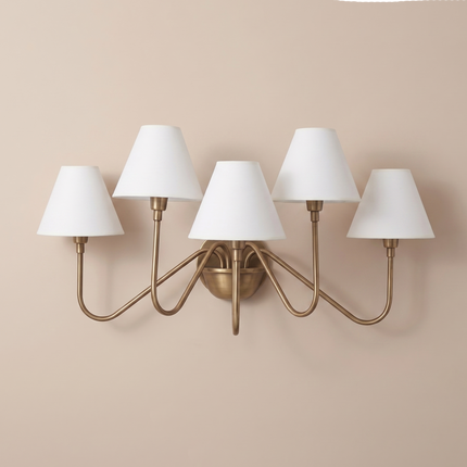 Antique Brass 5 Light Wall Sconce, Modern Wall Lamp with White Shades, Brass Wall Lighting, Mid Century Wall Light, Bedroom Home Lighting.