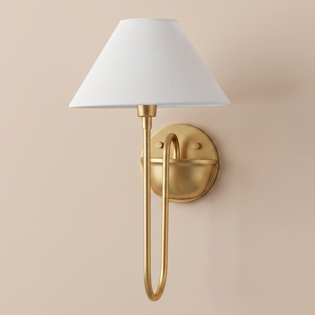 Gold Brass Wall Sconce, Modern Brass Wall Light, Bedroom Sconce, Curved Arm Lamp, Fabric Shade, Mid Century Lighting, Elegant Home Décor