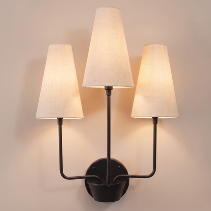 Matte Black Wall Sconce 3 Light, Modern Fabric Shade Lamp, Mid Century Lighting, Bedroom Sconce, Living Room Décor, Hardwired Home Fixture.