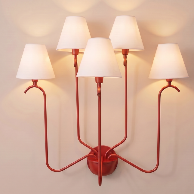 Red 5 Light Wall Sconce, Statement Multi Arm Wall Lamp with White Shades, Bold Decorative Bedroom Living Room Lighting Fixture Home Décor