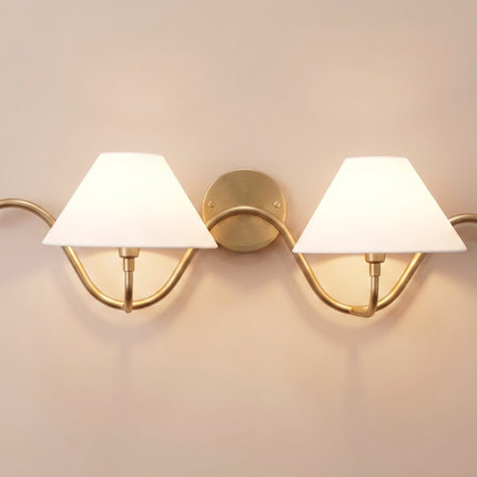 Antique Brass Wall Sconce 2 Light Brass Wall Lamp with White Fabric Shades, Modern Vintage Wall Light,Bedroom Sconce Elegant Statement Light