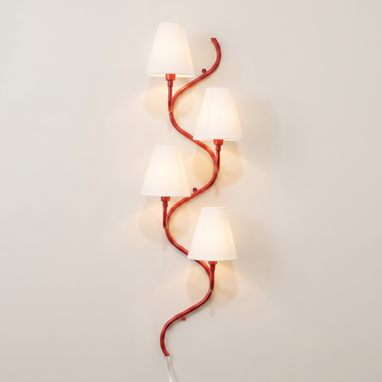 Modern Red Vertical 4-Light Wall Sconce, Curved Contemporary Wall Lamp with White Shades, Luxury Staircase Hallway Lighting Fixture