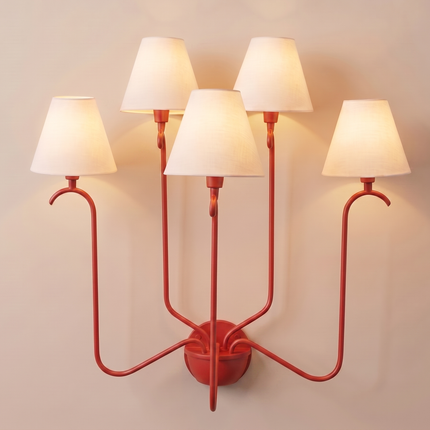 Red 5 Light Wall Sconce, Statement Multi Arm Wall Lamp with White Shades, Bold Decorative Bedroom Living Room Lighting Fixture Home Décor