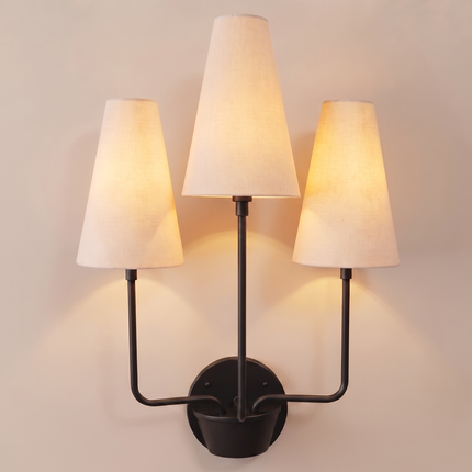 Matte Black Wall Sconce 3 Light, Modern Fabric Shade Lamp, Mid Century Lighting, Bedroom Sconce, Living Room Décor, Hardwired Home Fixture.