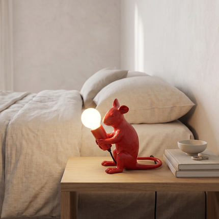 Table Lamp – Modern Red Mouse Table Lamp Holding Exposed Globe Bulb | Artistic Decorative Animal Accent Lighting for Contemporary Interiors