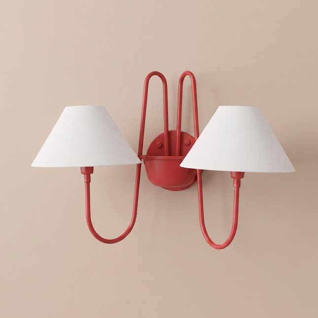 Red Wall Sconce 2 Light, Red Brass Wall Lamp with White Fabric Shades, Modern Statement Wall Light Colorful Bedroom Sconce Art Deco Lighting
