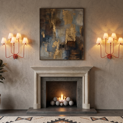 Red 5 Light Wall Sconce, Statement Multi Arm Wall Lamp with White Shades, Bold Decorative Bedroom Living Room Lighting Fixture Home Décor