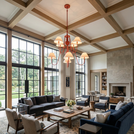 Luxury Matte Red 6 Light Chandelier with White Linen Shades | Modern Ceiling Pendant Light for Dining Room & Kitchen Island