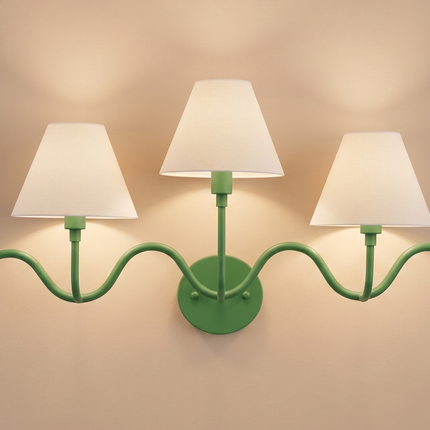 Green 3 Light Wall Sconce, Wavy Arm Wall Lamp with White Fabric Shades, Modern Statement Lighting Contemporary Wall Light Elegant Home Decor