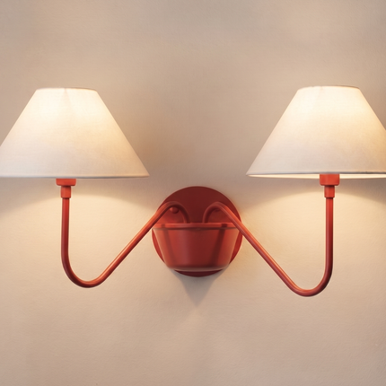Red 2 Light Wall Sconce, Double Arm Wall Lamp with White Fabric Shades, Modern Red Wall Light, Sculptural Bedroom Lighting, Statement Decor