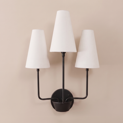 Matte Black Wall Sconce 3 Light, Modern Fabric Shade Lamp, Mid Century Lighting, Bedroom Sconce, Living Room Décor, Hardwired Home Fixture.