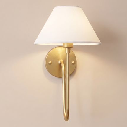 Gold Brass Wall Sconce, Modern Wall Lamp with White Shade, Mid Century Bedroom Wall Light, Luxury Brass Sconce, Bedside Home Lighting Décor.