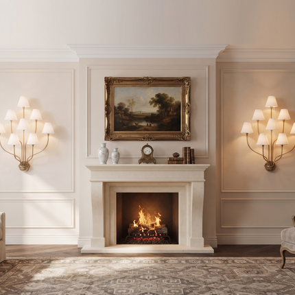 Wall Light – Luxury Antique Brass 8-Light Wall Sconce with White Fabric Shades | Wall Lighting Fixture for Living Room Bedroom Hallway Deco