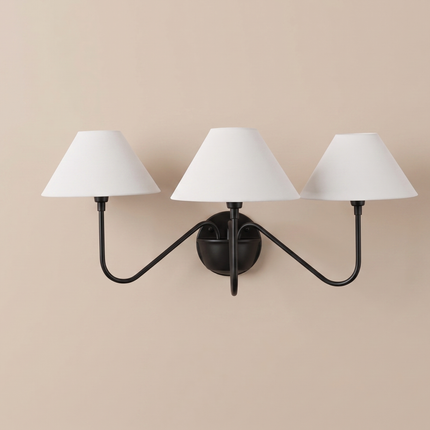 Matte Black 3 Light Wall Sconce, Modern Wall Lamp, Black Wall Light, White Shade Sconce, Curved Arm Lighting Elegant Home Decor design light