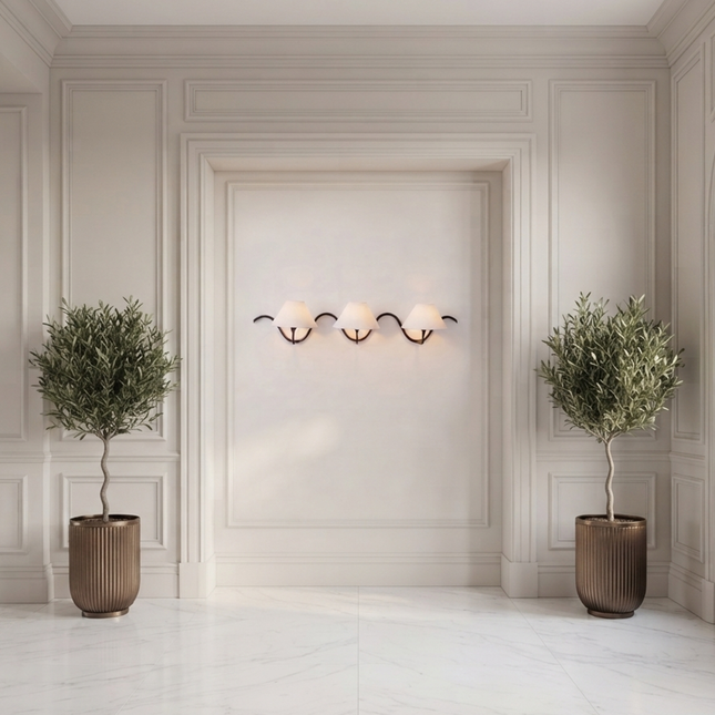 Matte Black 3 Light Wall Sconce, Modern Wall Lamp, White Fabric Shade Lighting, Sculptural Wall Light, Bedroom, Living Room & Hallway Decor