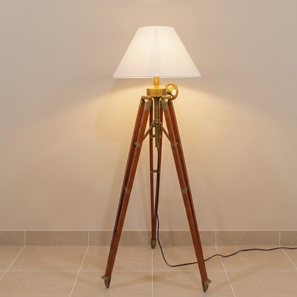 Floor Lamp Vintage Tripod, Industrial Wooden Standing Lamp with White Fabric Shade, Nautical Living Room, Entryway, Bedroom Lighting Decor