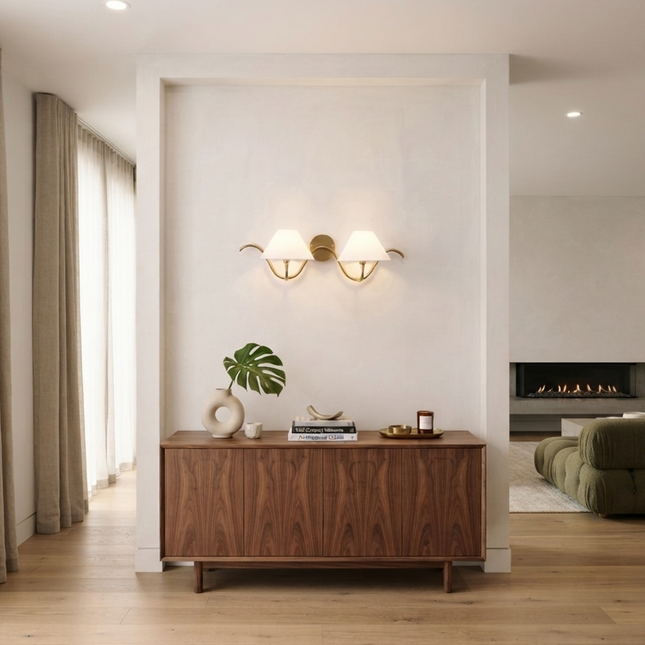 Antique Brass Wall Sconce 2 Light Brass Wall Lamp with White Fabric Shades, Modern Vintage Wall Light,Bedroom Sconce Elegant Statement Light