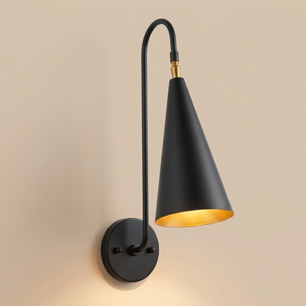 Matte Black Wall Sconce, Black and Gold Wall Lamp, Modern Wall Light, Matte Black Sconce, Cone Shade Wall Lamp Bedroom Lighting Brass Accent