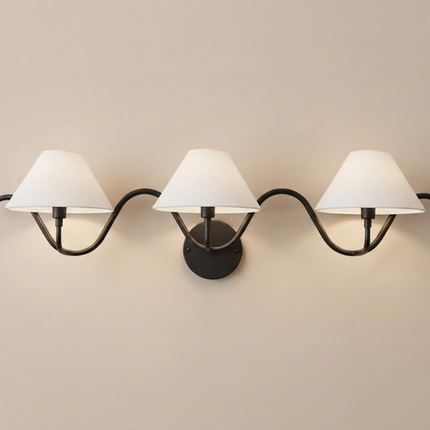Matte Black 3 Light Wall Sconce, Triple Wall Lamp,Metal Wall Light with White Fabric Shades, Modern Bathroom , Bedroom Lighting,Dining Room