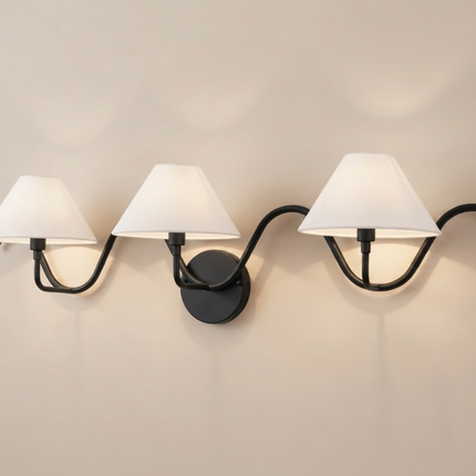 Matte Black 3 Light Wall Sconce, Triple Wall Lamp,Metal Wall Light with White Fabric Shades, Modern Bathroom , Bedroom Lighting,Dining Room