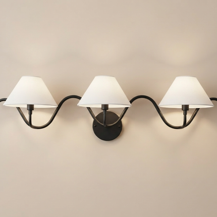 Matte Black 3 Light Wall Sconce, Triple Wall Lamp,Metal Wall Light with White Fabric Shades, Modern Bathroom , Bedroom Lighting,Dining Room