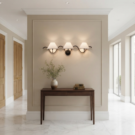 Matte Black 3 Light Wall Sconce, Triple Wall Lamp,Metal Wall Light with White Fabric Shades, Modern Bathroom , Bedroom Lighting,Dining Room
