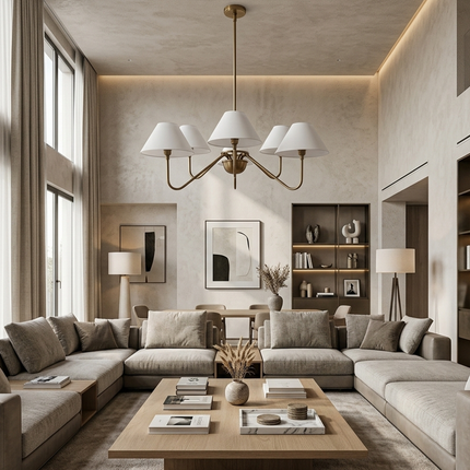 Modern Brass Chandelier Light Fixture – Minimalist White Shade Ceiling Pendant Lighting for Living Room, Dining Room, Bedroom