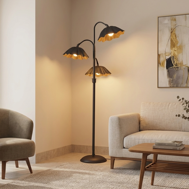 Floor Lamp with Modern Matte Black 3-Light Scalloped Metal Shades, Mid Century Modern Standing Lamp for Living Room, Bedroom Corner Decor.