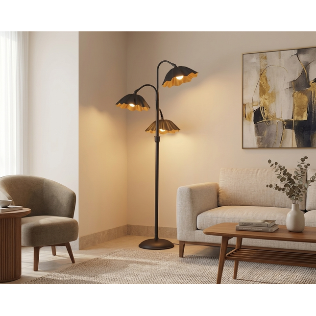 Floor Lamp with Modern Matte Black 3-Light Scalloped Metal Shades, Mid Century Modern Standing Lamp for Living Room, Bedroom Corner Decor.