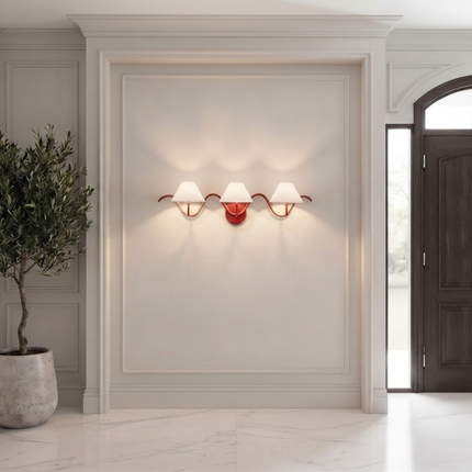 Wall Light – Bold Red Three Arm Curved Wall Sconce Artistic Modern Luxury Lighting Fixture for Statement Interior Decor Lighting for Bedroom