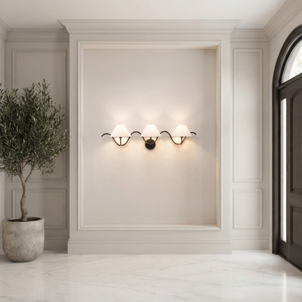 Matte Black 3 Light Wall Sconce, Triple Wall Lamp,Metal Wall Light with White Fabric Shades, Modern Bathroom , Bedroom Lighting,Dining Room
