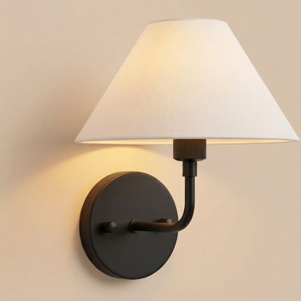 Wall Sconce Matte Black Light, White Fabric Shade Wall Lamp, Minimalist Bedside Reading Light, Luxury Bedroom Hallway Accent Lighting decor