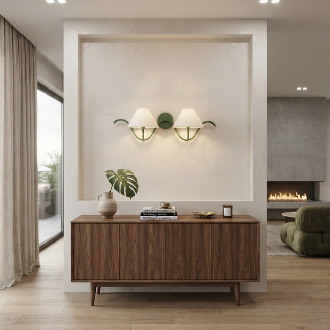 Green Double Wall Sconce, Modern 2 Light Wall Lamp with White Shades, Decorative Bedroom Hallway Living Room Indoor Lighting for Home Décor