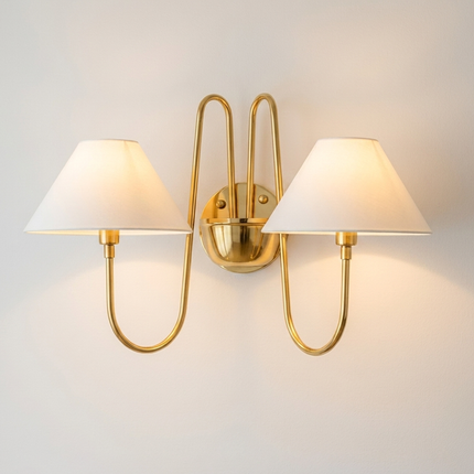 Wall Light Brushed Brass Double Arm Designer Sconce, Mid Century Modern Luxury Wall Fixture with White Linen Shades for Interiors