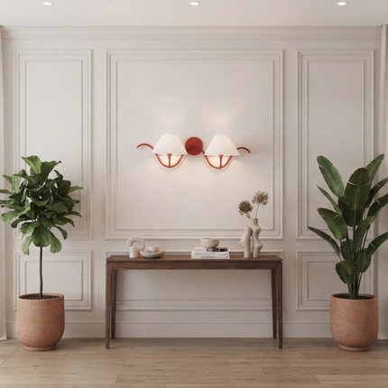 Red Wall Sconce, 2 Light Wall Lamp, Modern Red Lighting Fixture, White Fabric Shade, Curved Wall Light, Artistic Bedroom Hallway Home Décor