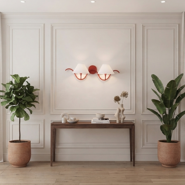 Red Wall Sconce, 2 Light Wall Lamp, Modern Red Lighting Fixture, White Fabric Shade, Curved Wall Light, Artistic Bedroom Hallway Home Décor