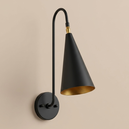 Matte Black Wall Sconce, Black and Gold Wall Lamp, Modern Wall Light, Matte Black Sconce, Cone Shade Wall Lamp Bedroom Lighting Brass Accent