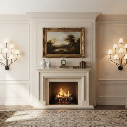 8 Light Wall Sconce, Black Wall Lamp, Large Statement Sconce, White Fabric Shades, Modern Chandelier Wall Light, Living Room Lighting