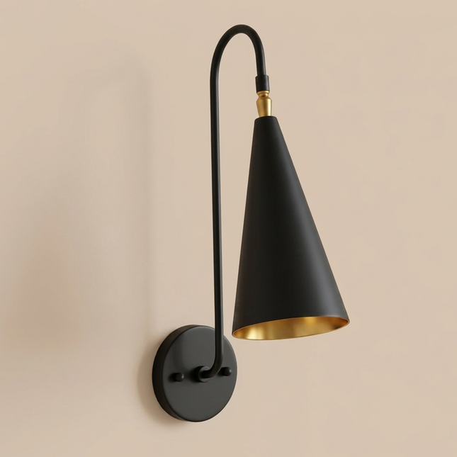 Matte Black Wall Sconce, Black and Gold Wall Lamp, Modern Wall Light, Matte Black Sconce, Cone Shade Wall Lamp Bedroom Lighting Brass Accent