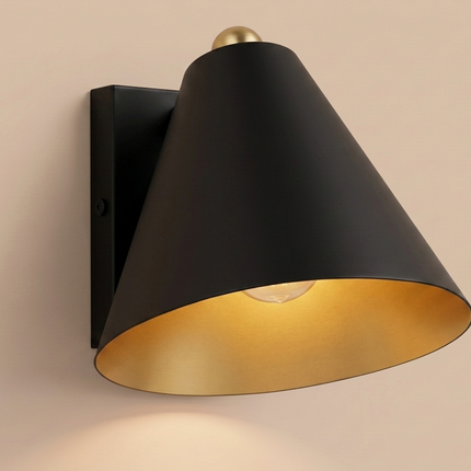 Wall Sconce Matte Black, Gold Interior Cone Shade Modern Minimalist Wall Light, Bedroom Reading Lamp, Hallway Sconce, Luxury Accent Lighting