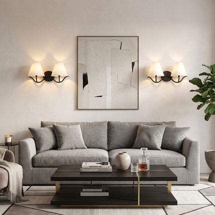 Modern 2 Light Wall Sconce Matte Black Double White Fabric Shades, Bedroom Bedside Wall Lamp, Living Room Hallway, Bathroom Vanity Fixture